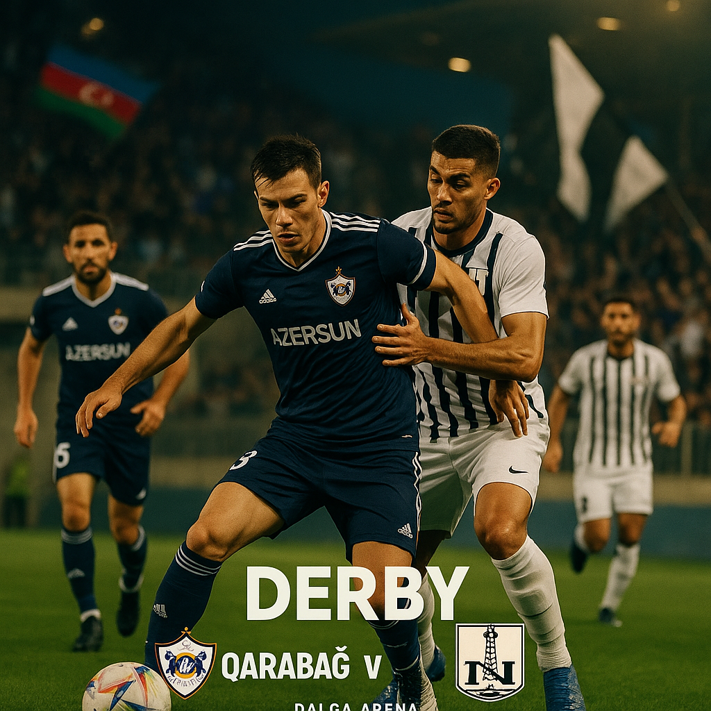 An image of an intense soccer play between Qarabağ and Neftçi teams at the