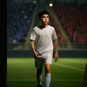 A young Azerbaijani footballer walks from a training tunnel toward a stadium pitch as