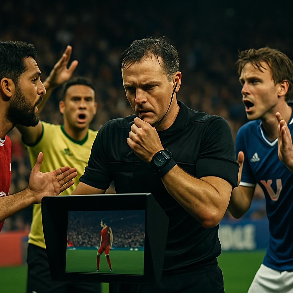 The referee is seen making a controversial decision on the pitch while players from