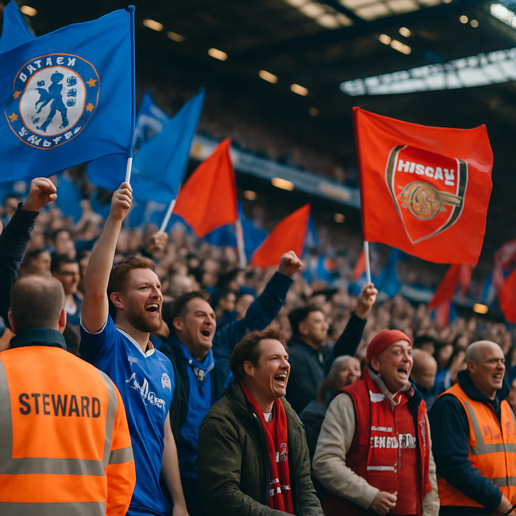 A vivid scene of a stadium during a Chelsea vs Arsenal derby, showing enthusiastic