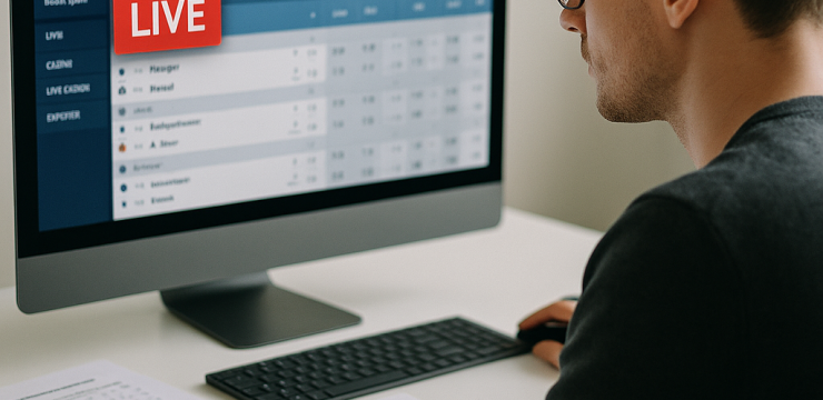 A photo of a modern workspace where someone is analyzing live betting data on