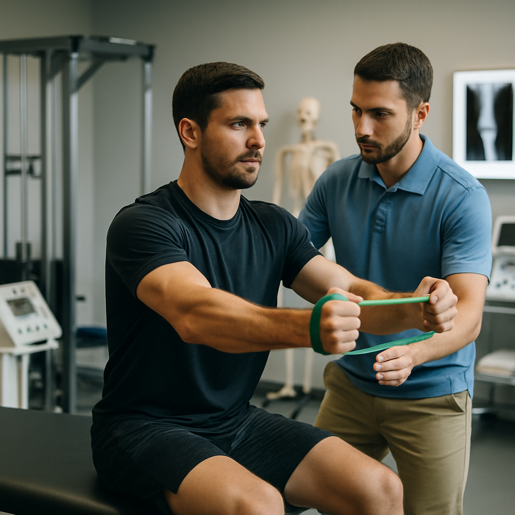 The focus is on a physiotherapist and a player working together in a bright,