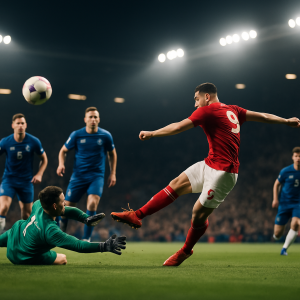 A striker volleys the ball toward goal as the goalkeeper dives beneath stadium lights.
