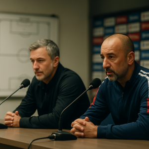 Two football coaches give thoughtful post-match comments at a press-conference table, with a blurred