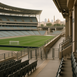 A renovated Baku stadium with upgraded seating, clear concourses, access routes, and visible security