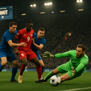 A goalkeeper saves a shot as defenders pressure the attacker, illustrating how team defence