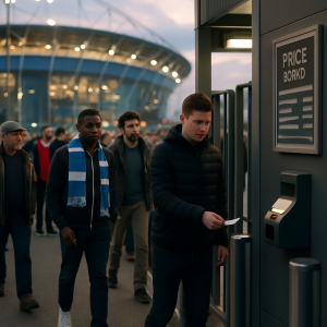 Supporters arrive at a football stadium and scan tickets before a derby, illustrating how