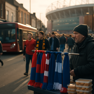 Football supporters pass a small street vendor on their way to a packed stadium,