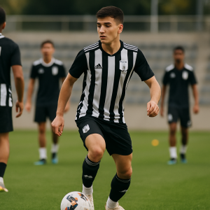 A young Neftçi player scans the pitch before making a pass during training.