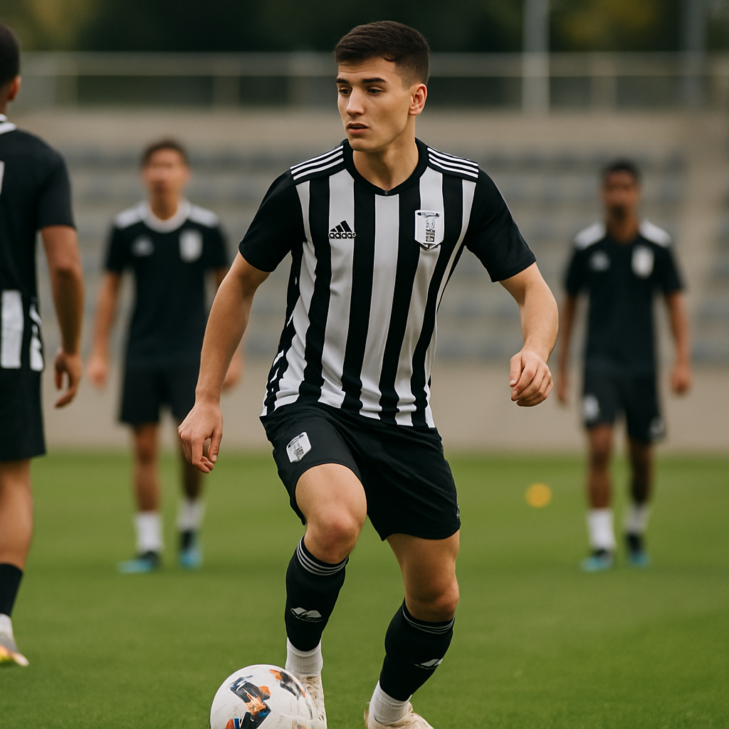 A young Neftçi player scans the pitch before making a pass during training.