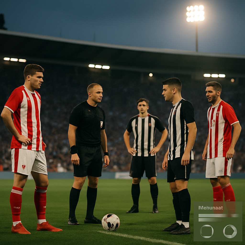 Focused players in red-and-white and black-and-white kits face off at midfield beneath stadium floodlights,