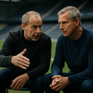 Two former football captains discuss derby memories pitch-side in an empty stadium.