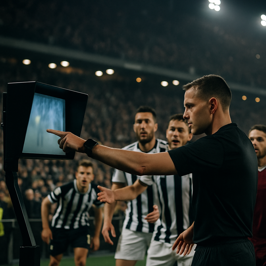 A referee reviews a disputed derby moment on a VAR monitor as players and